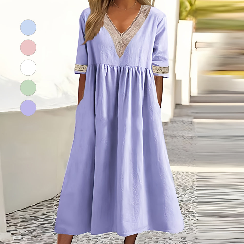 GR | A-Linien-Midi-Sommerkleid mit V-Ausschnitt und kurzen Ärmeln für Damen