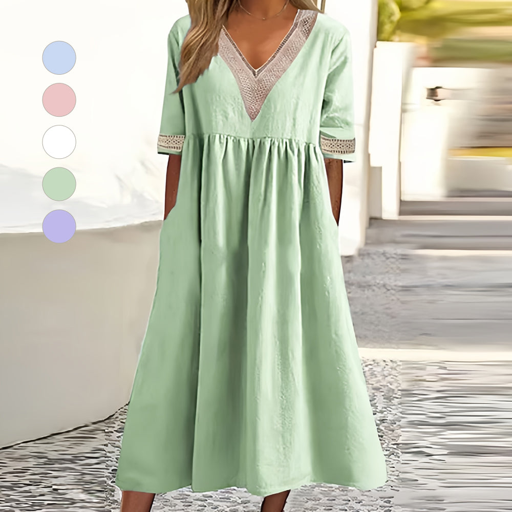 GR | A-Linien-Midi-Sommerkleid mit V-Ausschnitt und kurzen Ärmeln für Damen