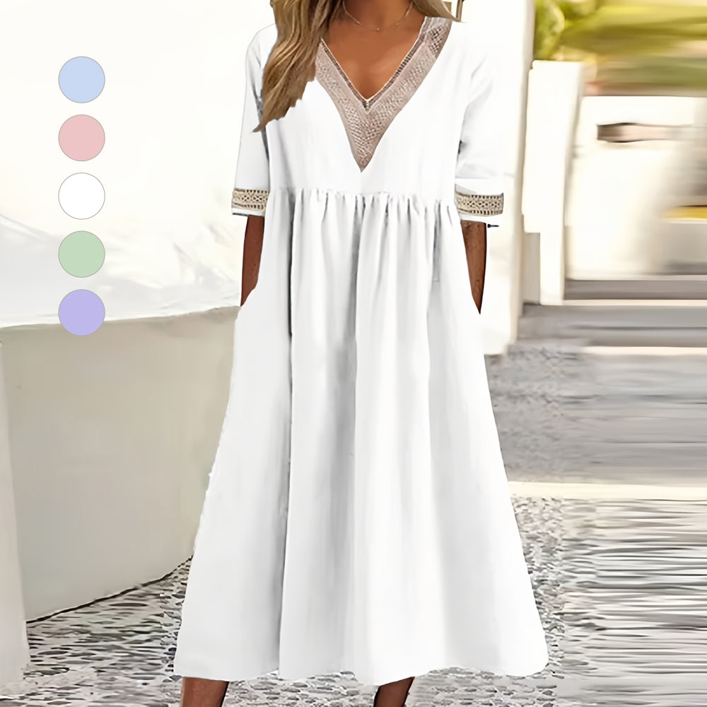 GR | A-Linien-Midi-Sommerkleid mit V-Ausschnitt und kurzen Ärmeln für Damen