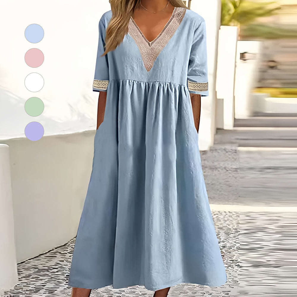 GR | A-Linien-Midi-Sommerkleid mit V-Ausschnitt und kurzen Ärmeln für Damen