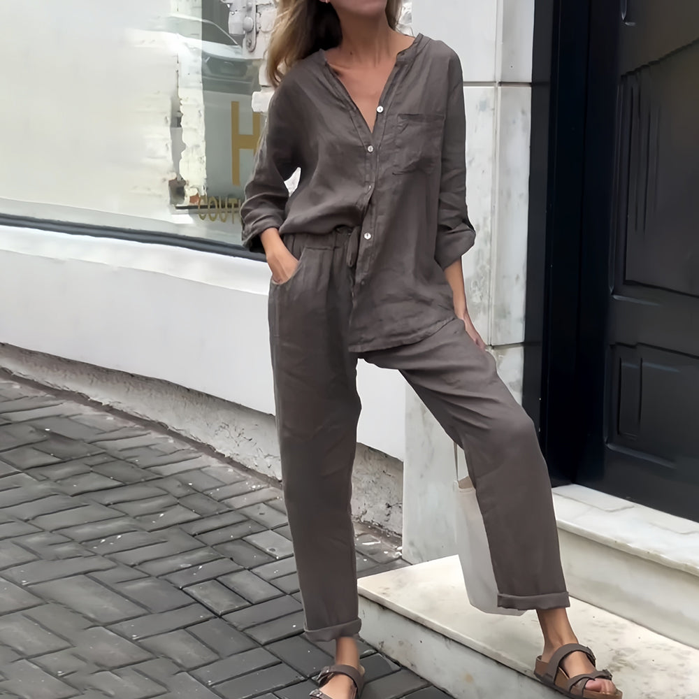 GR | Long-sleeved shirt and trousers in cotton and linen for women