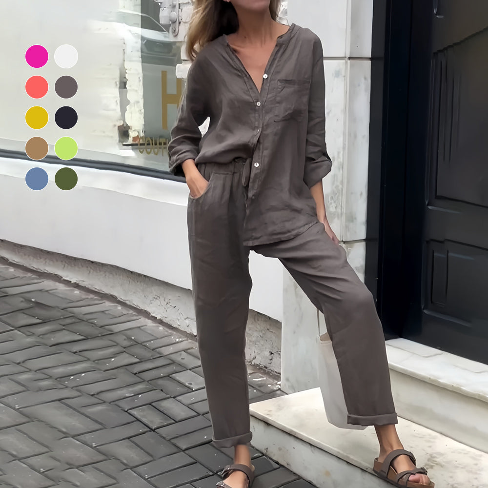 GR | Long-sleeved shirt and trousers in cotton and linen for women