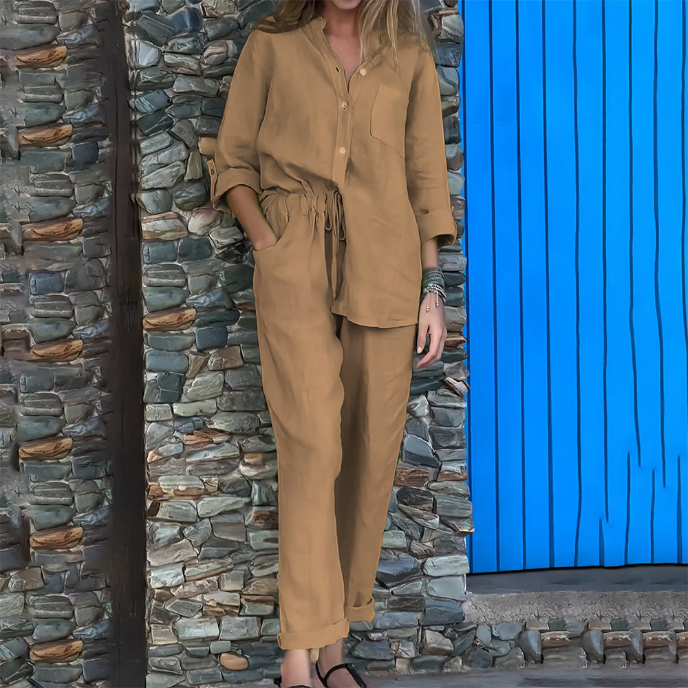GR | Long-sleeved shirt and trousers in cotton and linen for women