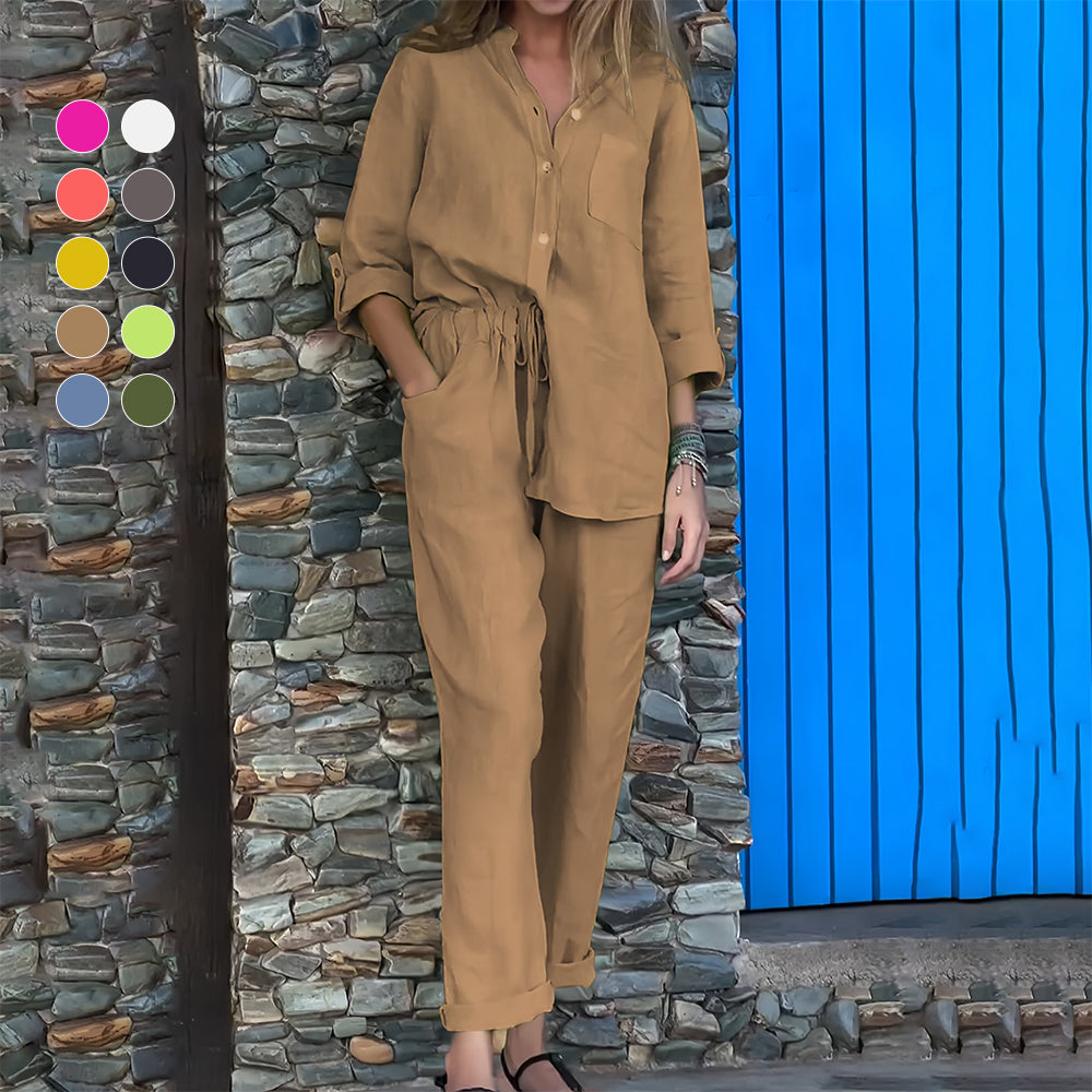 GR | Long-sleeved shirt and trousers in cotton and linen for women