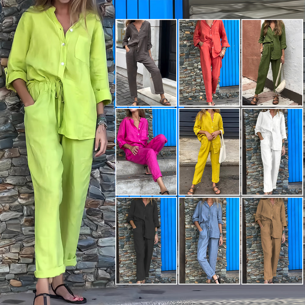 GR | Long-sleeved shirt and trousers in cotton and linen for women