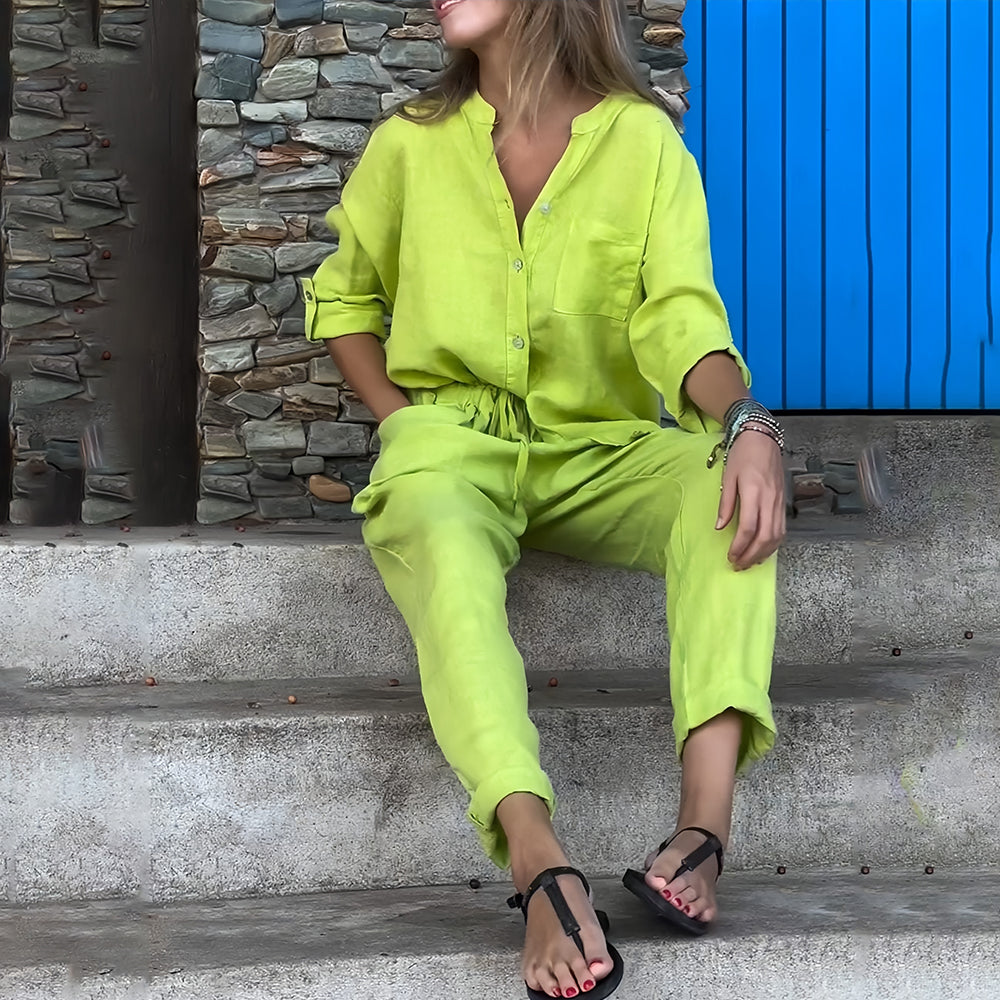 GR | Long-sleeved shirt and trousers in cotton and linen for women