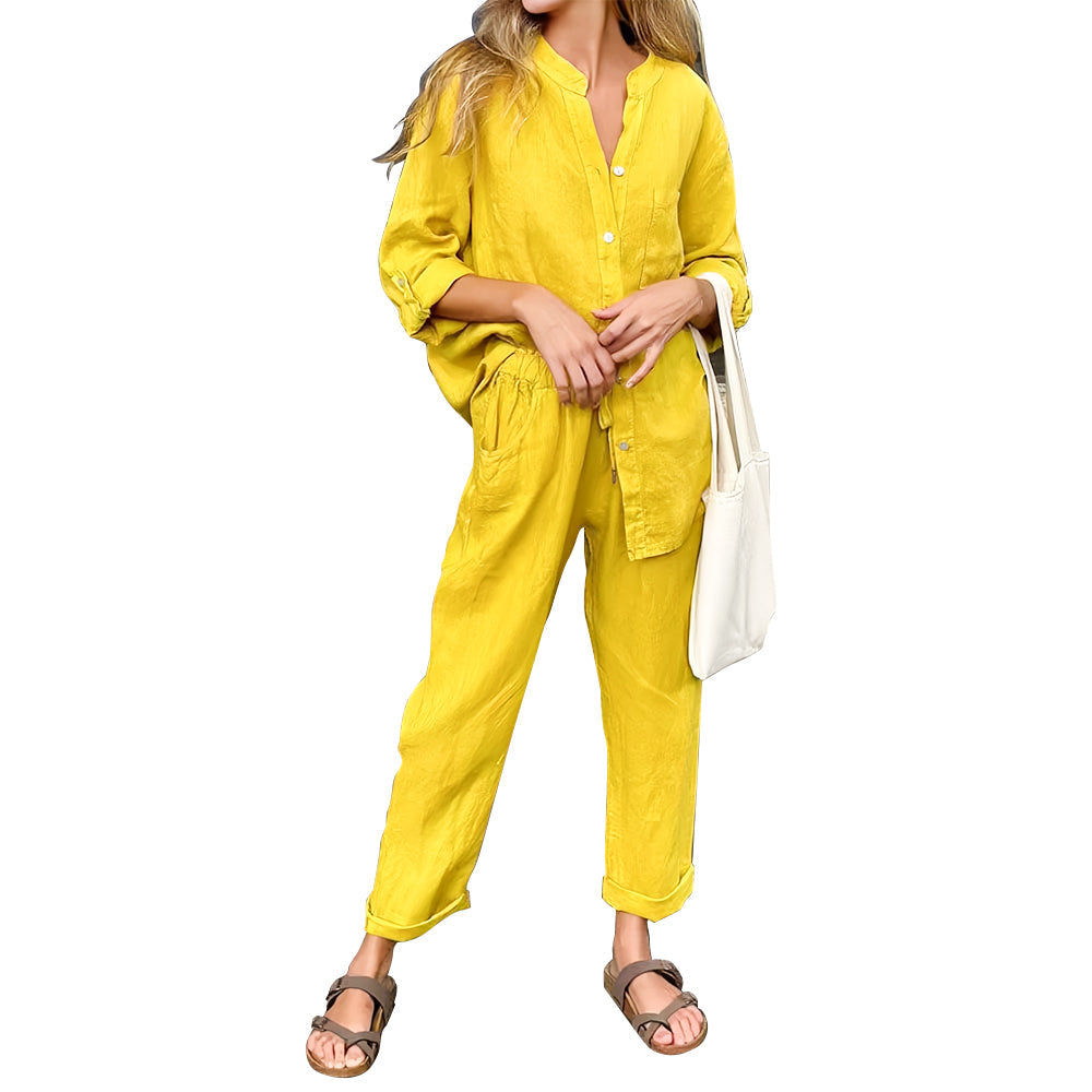 GR | Long-sleeved shirt and trousers in cotton and linen for women