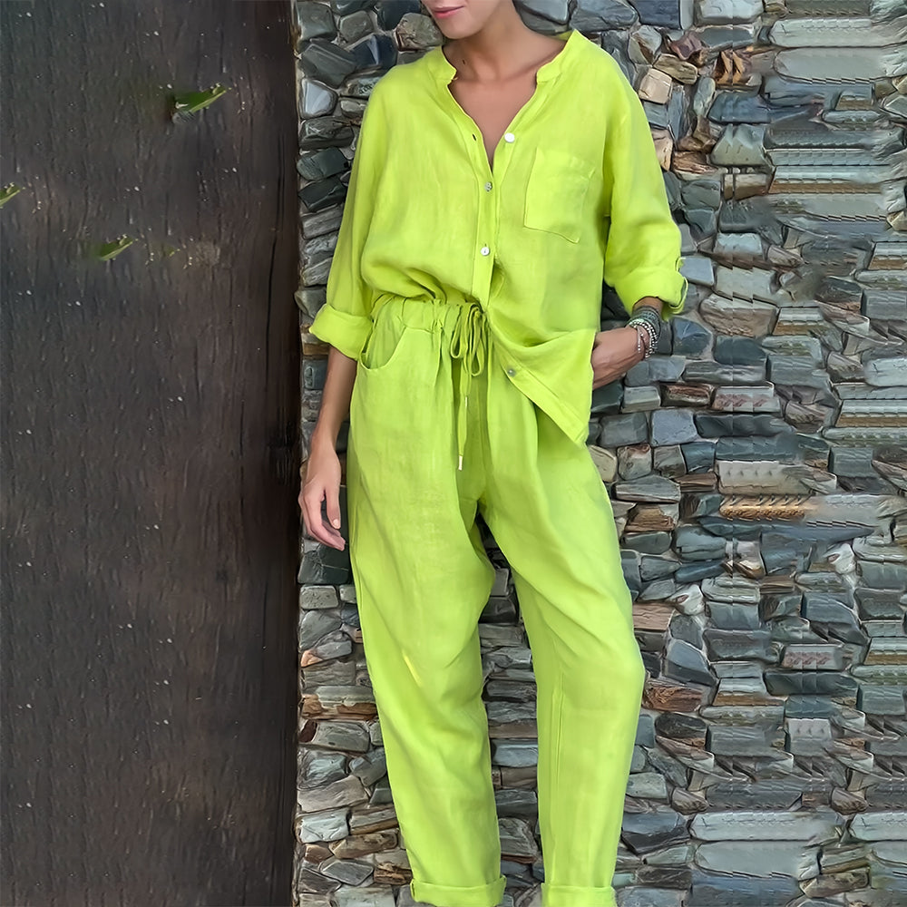 GR | Long-sleeved shirt and trousers in cotton and linen for women