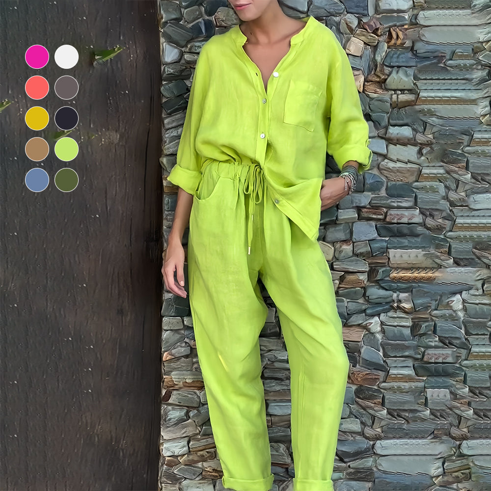 GR | Long-sleeved shirt and trousers in cotton and linen for women