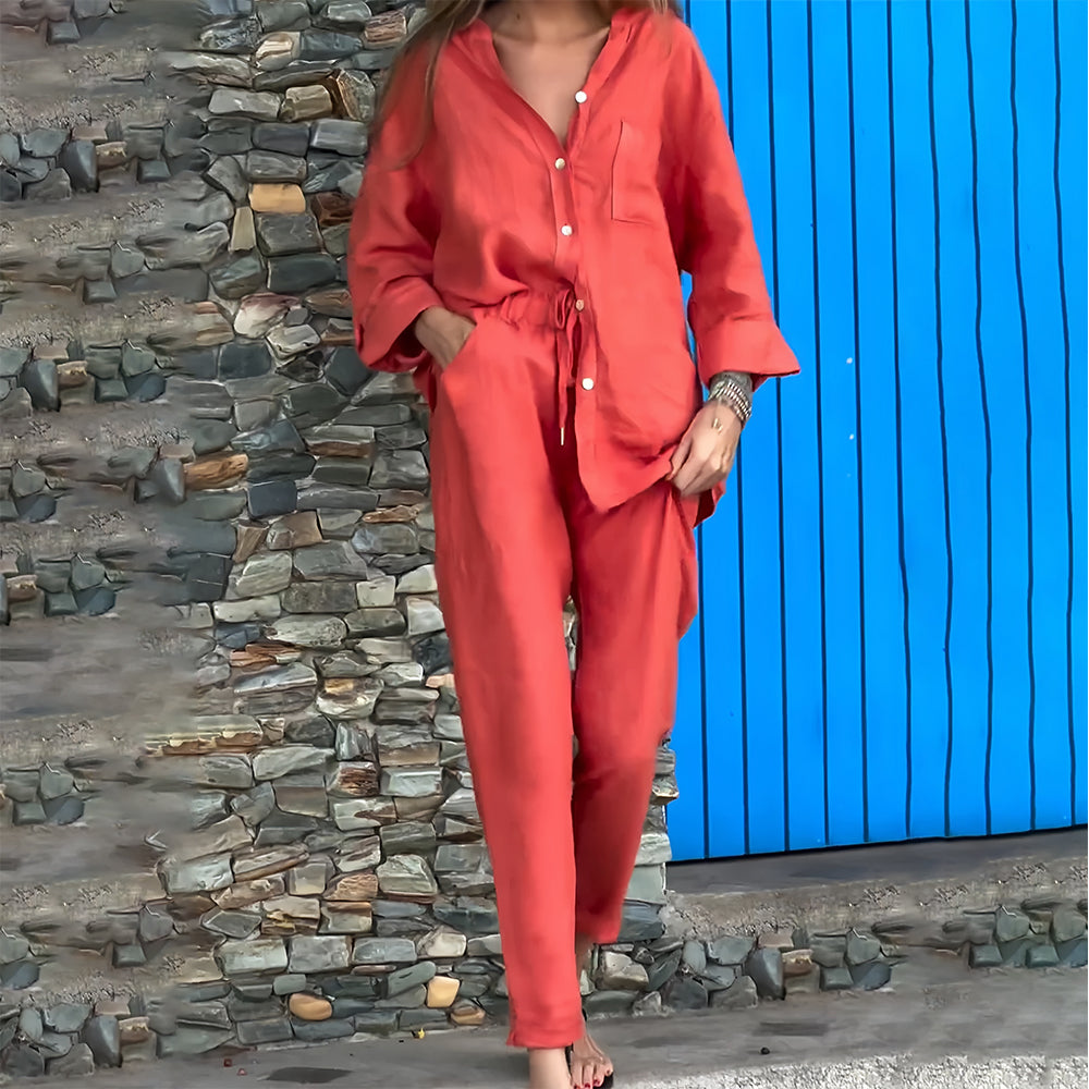 GR | Long-sleeved shirt and trousers in cotton and linen for women