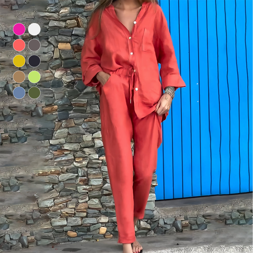 GR | Long-sleeved shirt and trousers in cotton and linen for women