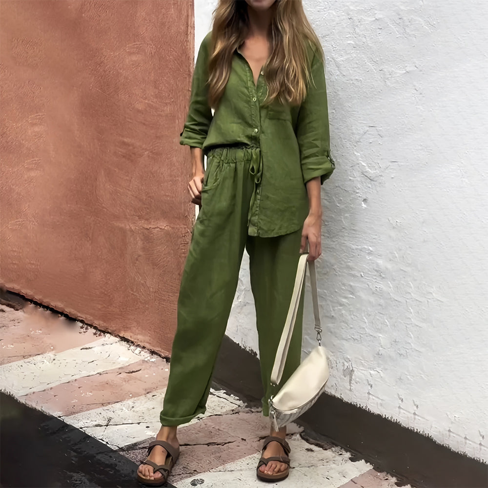 GR | Long-sleeved shirt and trousers in cotton and linen for women
