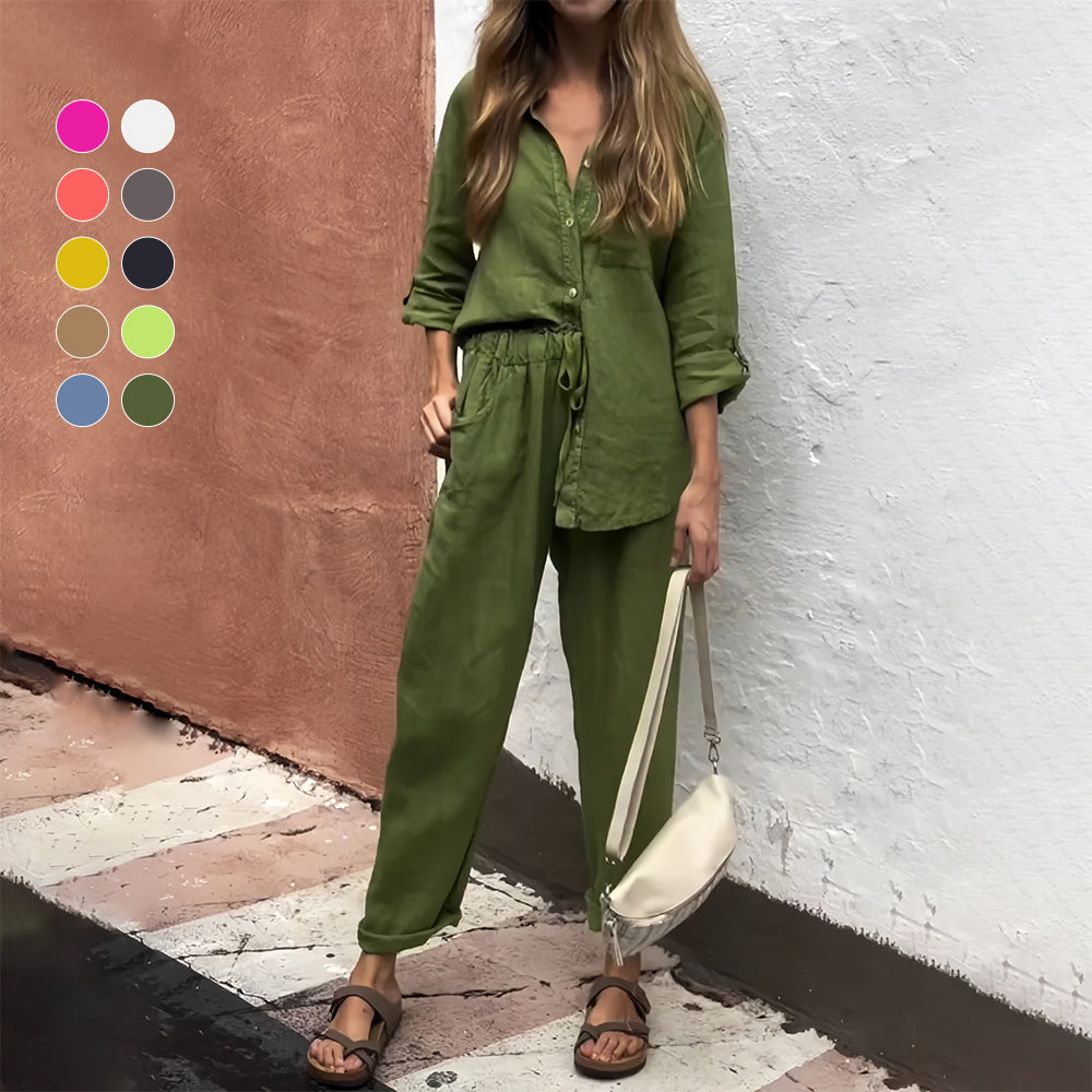 GR | Long-sleeved shirt and trousers in cotton and linen for women