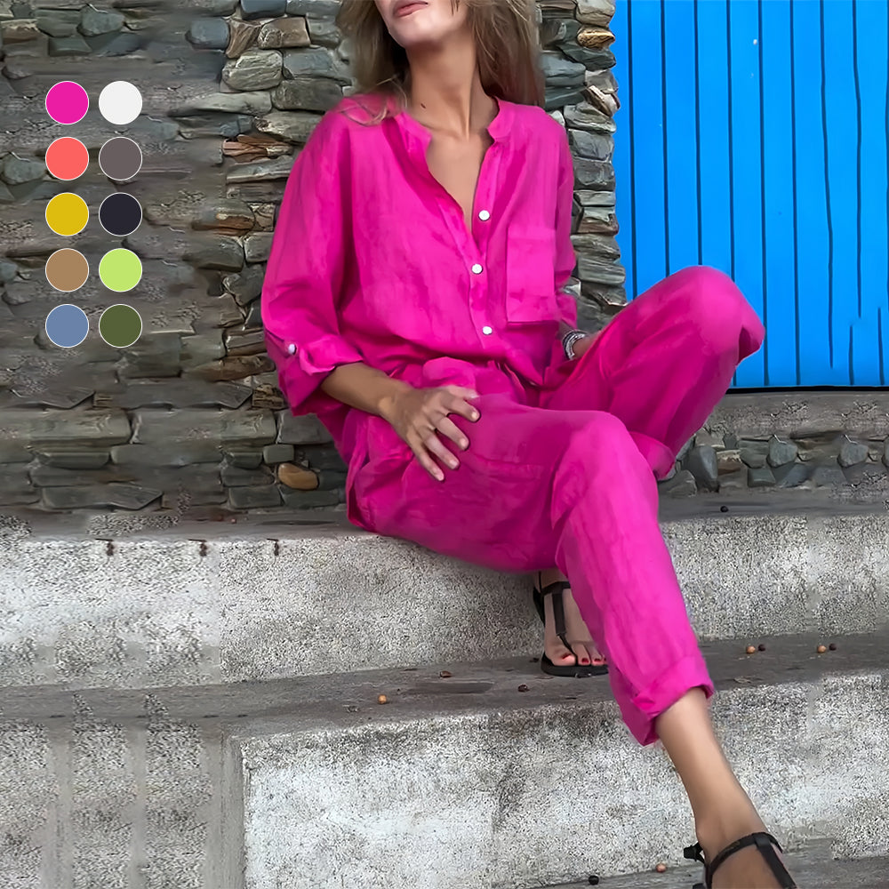 GR | Long-sleeved shirt and trousers in cotton and linen for women