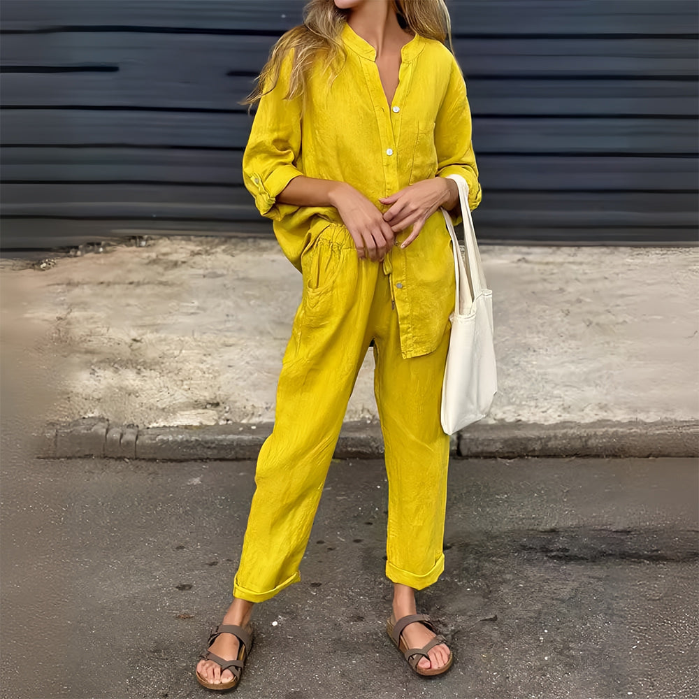 GR | Long-sleeved shirt and trousers in cotton and linen for women