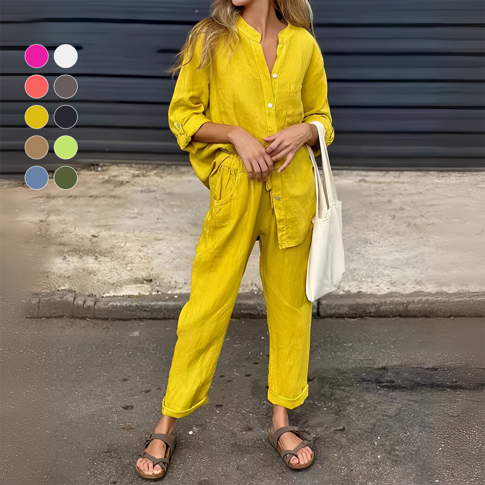 GR | Long-sleeved shirt and trousers in cotton and linen for women
