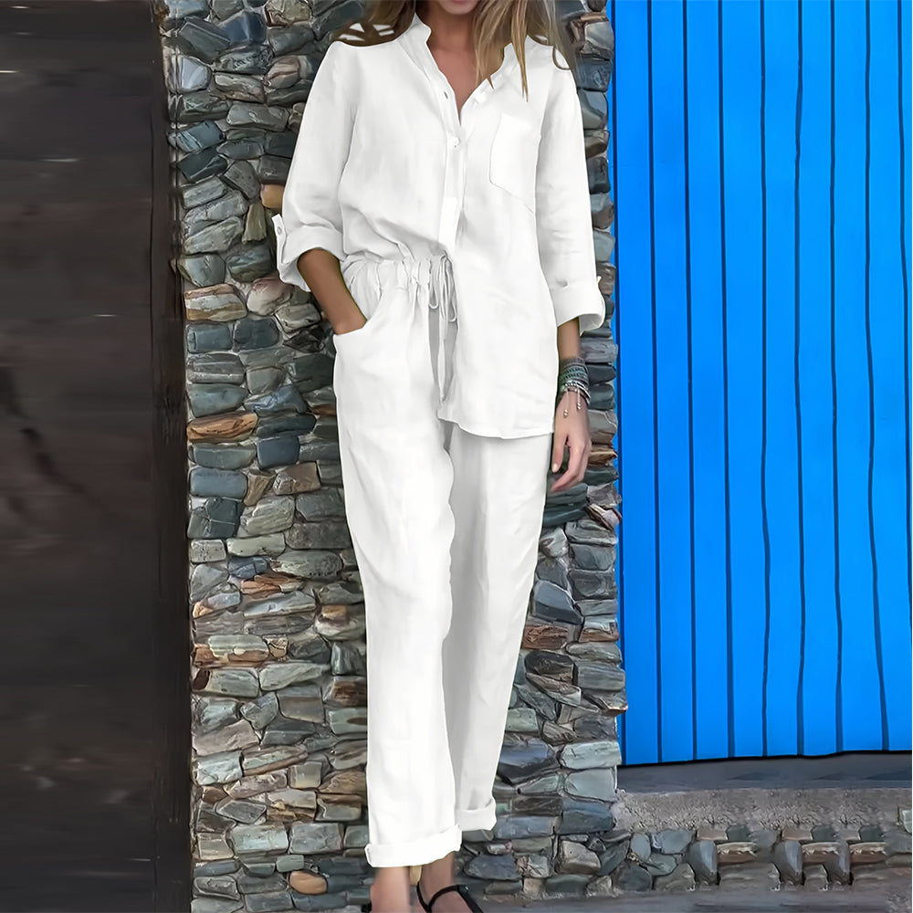 GR | Long-sleeved shirt and trousers in cotton and linen for women