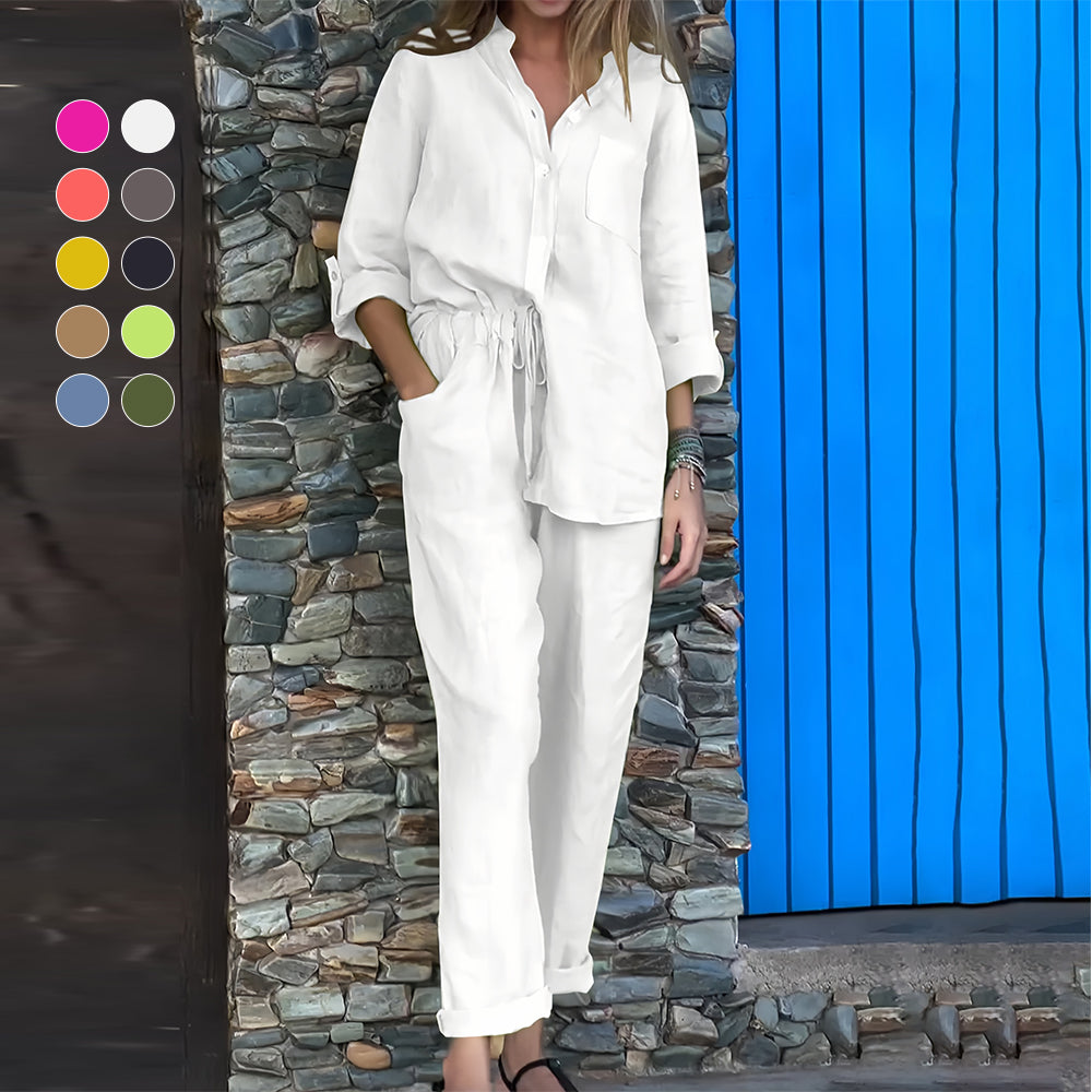 GR | Long-sleeved shirt and trousers in cotton and linen for women