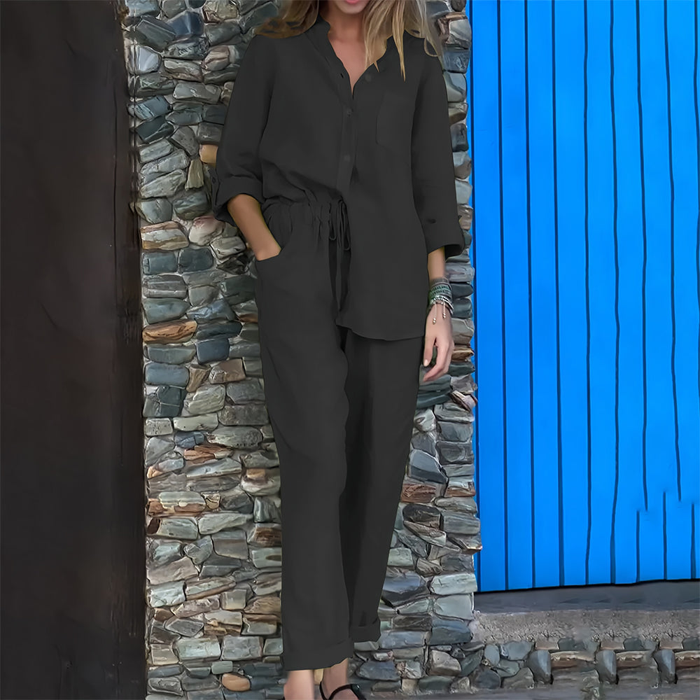 GR | Long-sleeved shirt and trousers in cotton and linen for women