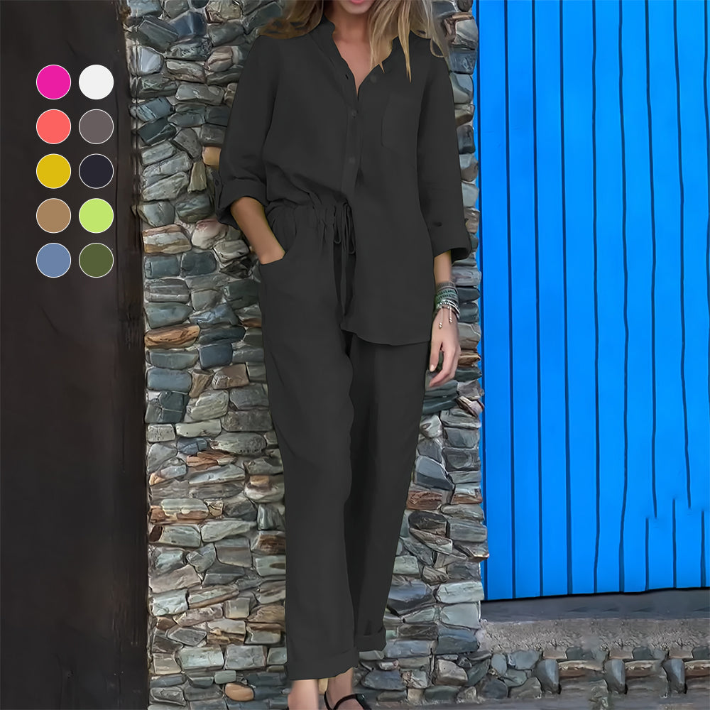 GR | Long-sleeved shirt and trousers in cotton and linen for women
