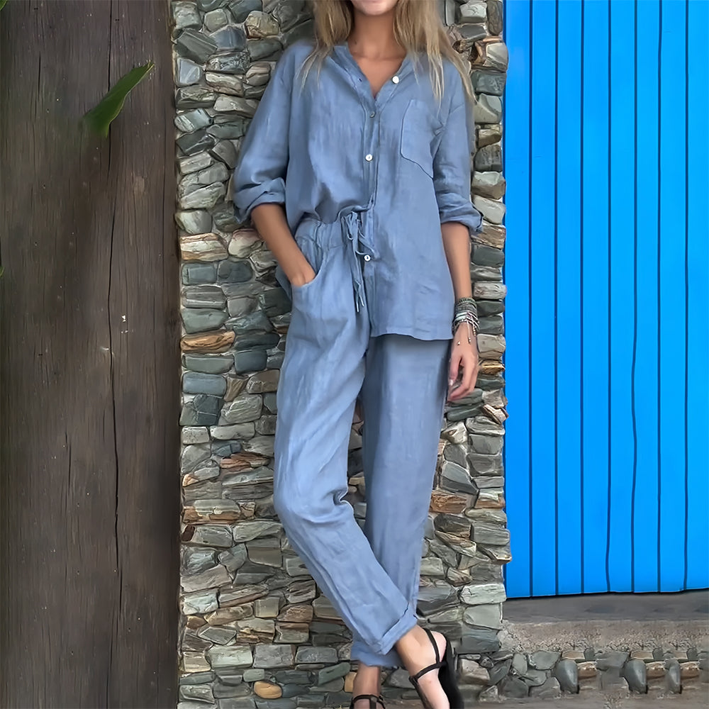 GR | Long-sleeved shirt and trousers in cotton and linen for women