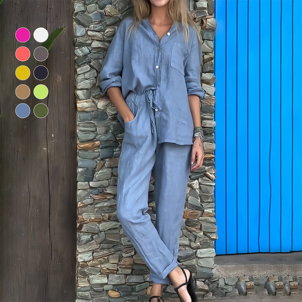 GR | Long-sleeved shirt and trousers in cotton and linen for women
