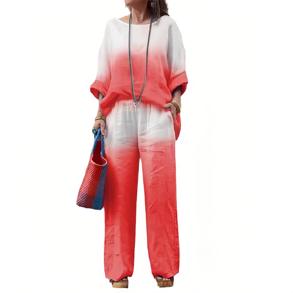 GR | Cotton and linen t-shirt and trousers with gradient color and round neck for women