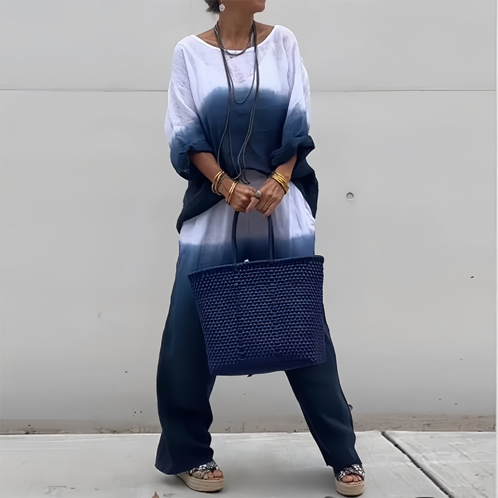 GR | Cotton and linen t-shirt and trousers with gradient color and round neck for women
