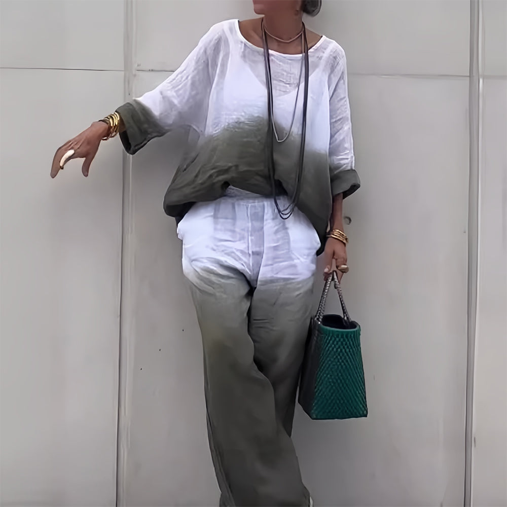 GR | Cotton and linen t-shirt and trousers with gradient color and round neck for women