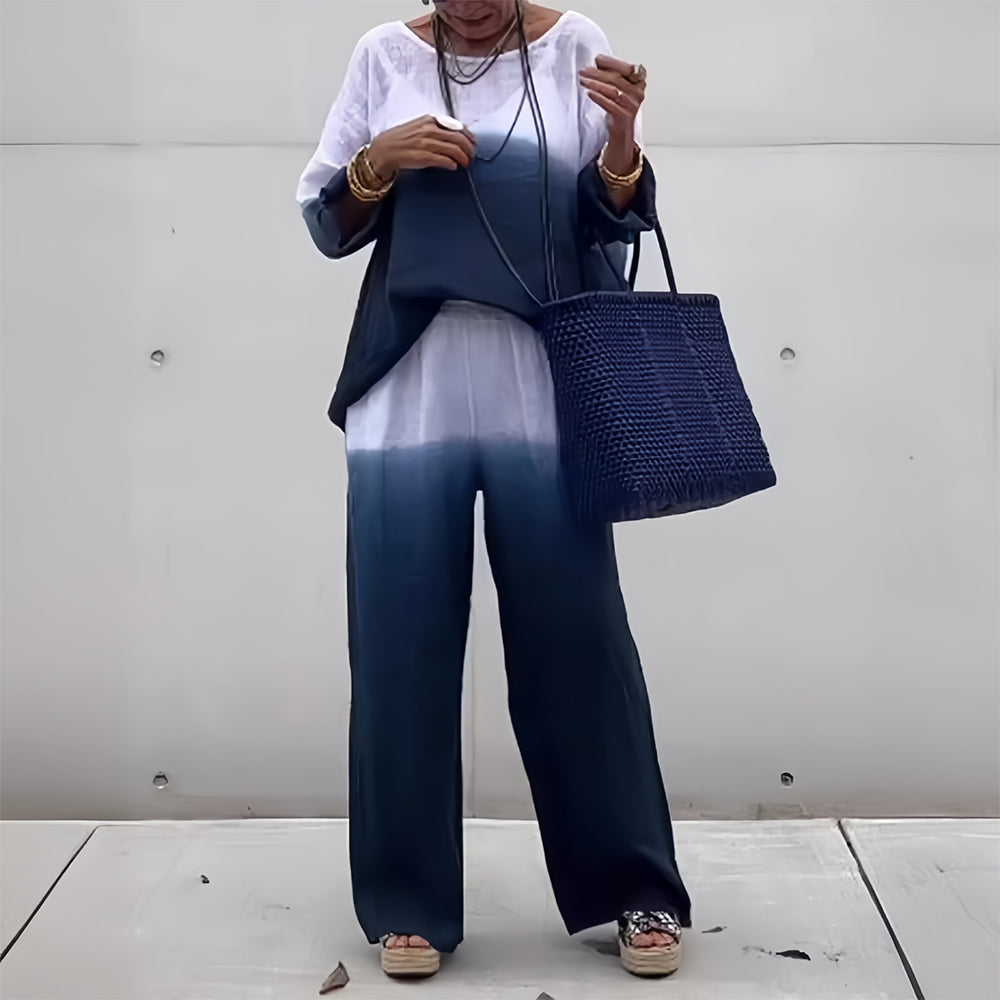 GR | Cotton and linen t-shirt and trousers with gradient color and round neck for women