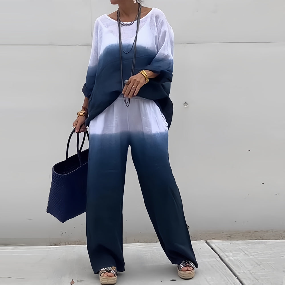GR | Cotton and linen t-shirt and trousers with gradient color and round neck for women