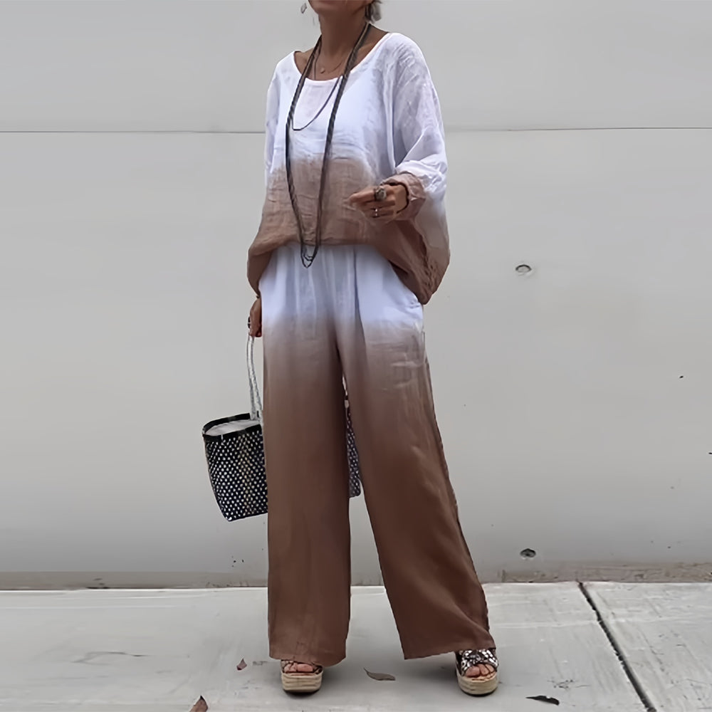 GR | Cotton and linen t-shirt and trousers with gradient color and round neck for women
