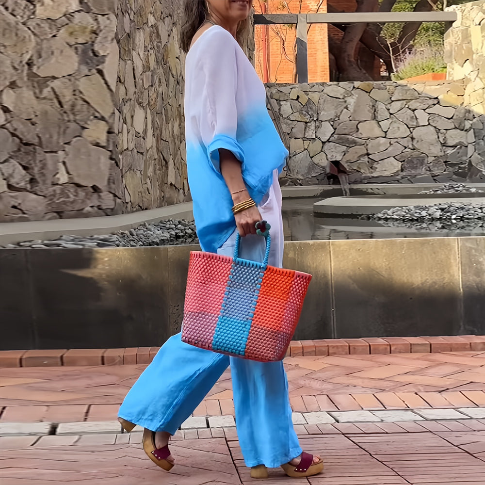 GR | Cotton and linen t-shirt and trousers with gradient color and round neck for women