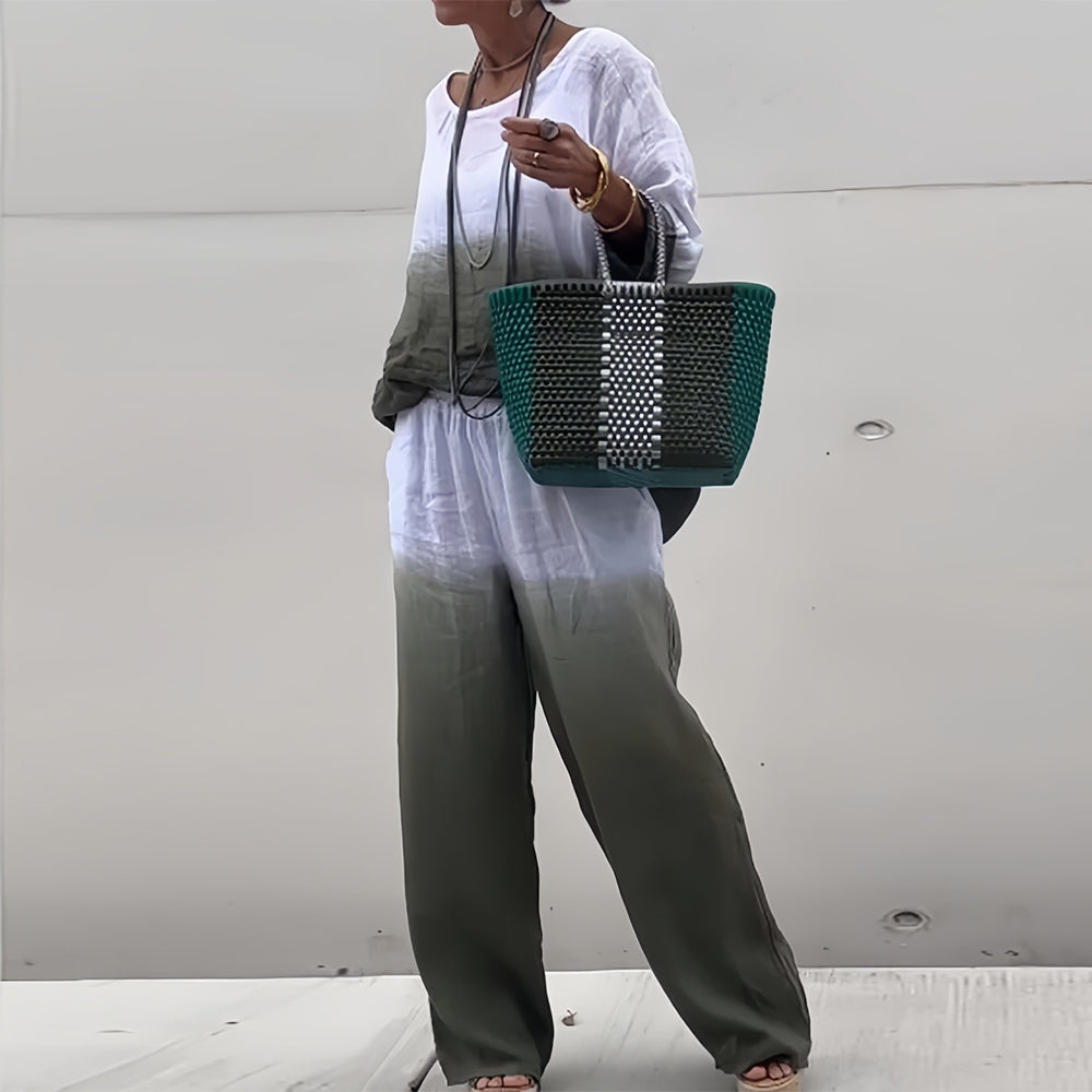 GR | Cotton and linen t-shirt and trousers with gradient color and round neck for women