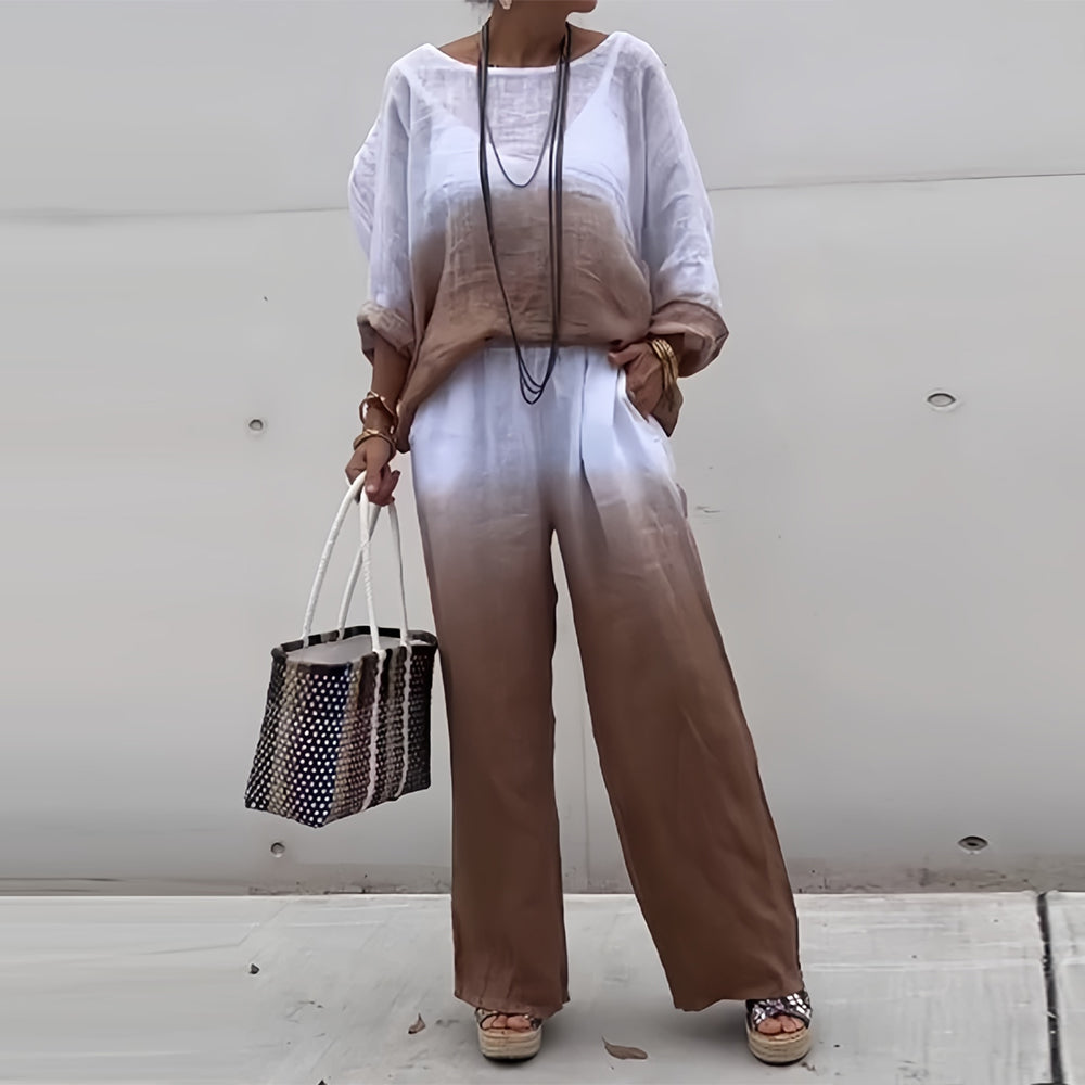 GR | Cotton and linen t-shirt and trousers with gradient color and round neck for women