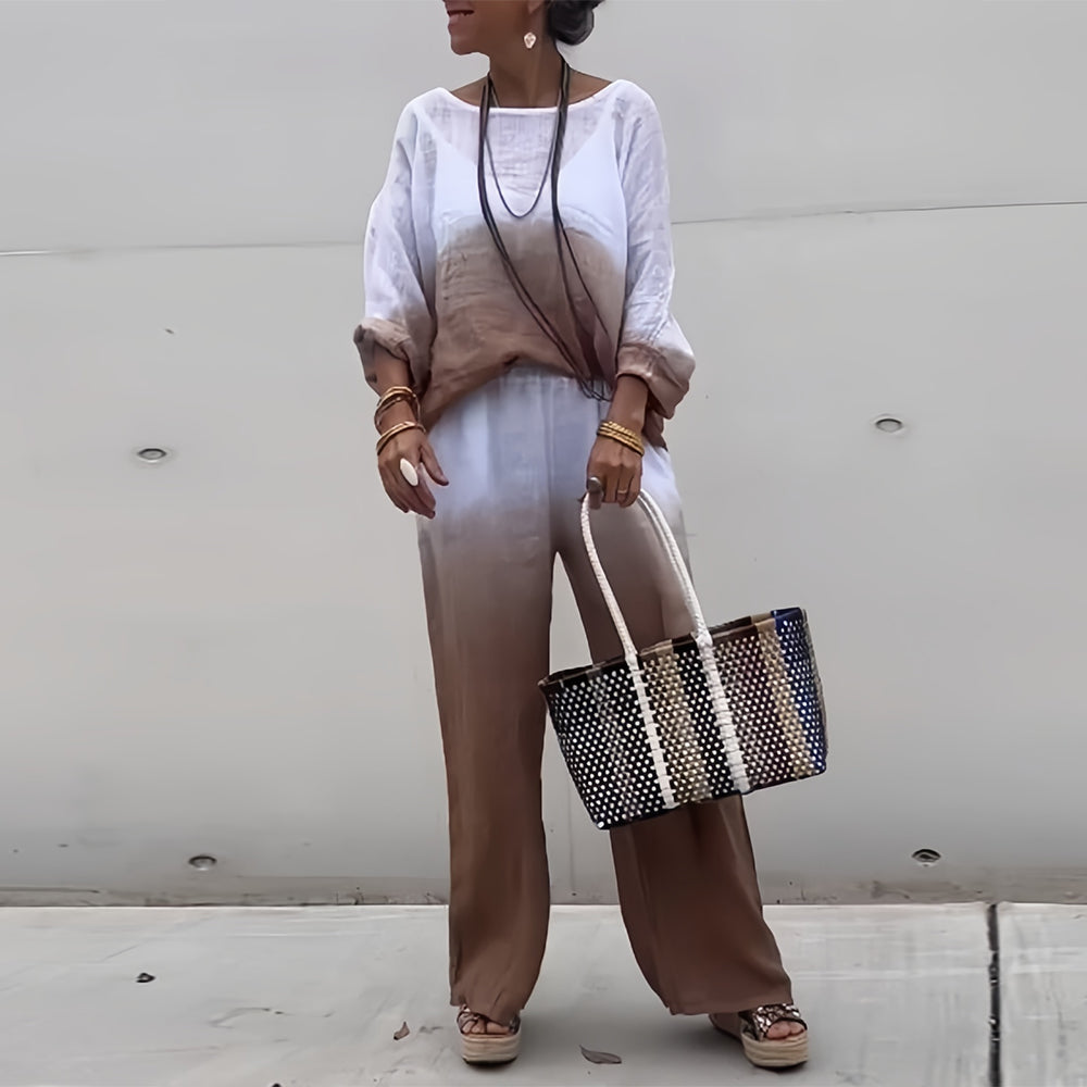 GR | Cotton and linen t-shirt and trousers with gradient color and round neck for women