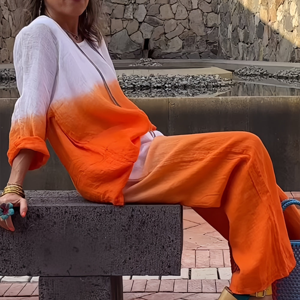 GR | Cotton and linen t-shirt and trousers with gradient color and round neck for women