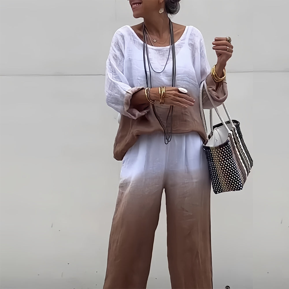 GR | Cotton and linen t-shirt and trousers with gradient color and round neck for women