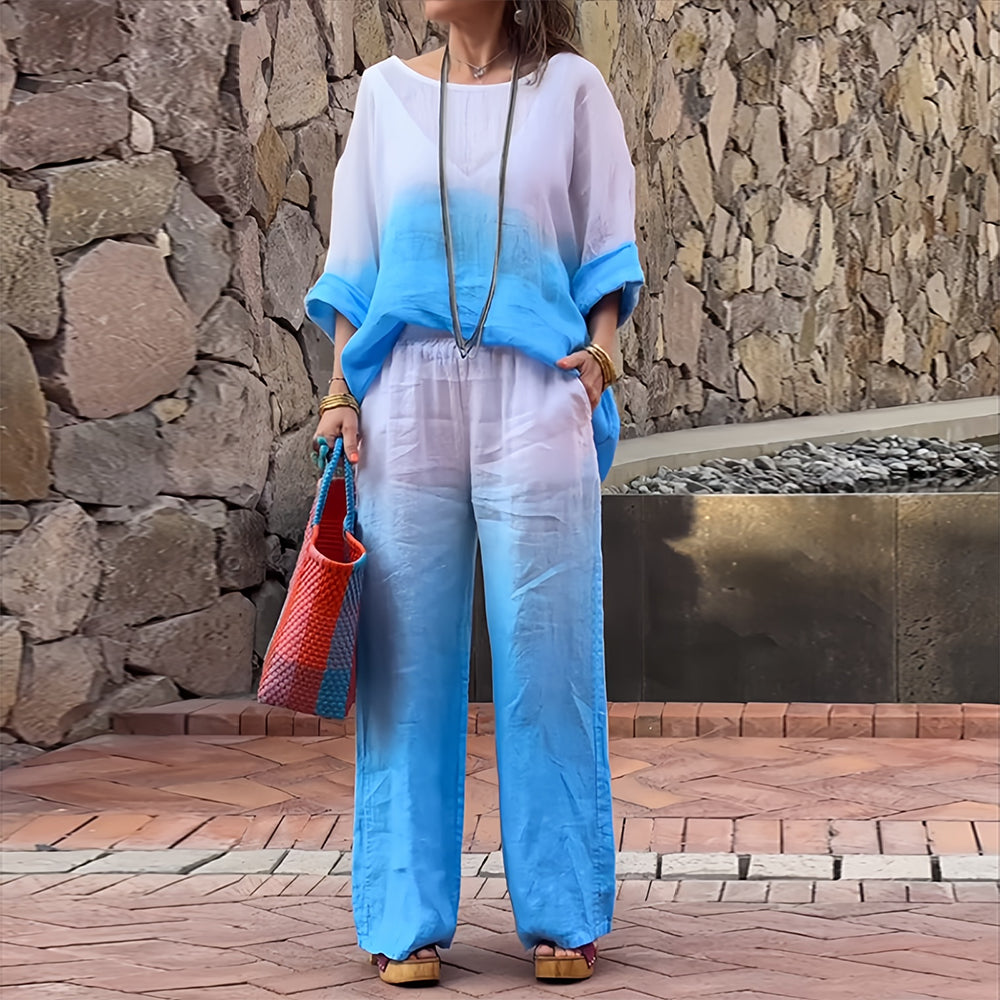 GR | Cotton and linen t-shirt and trousers with gradient color and round neck for women