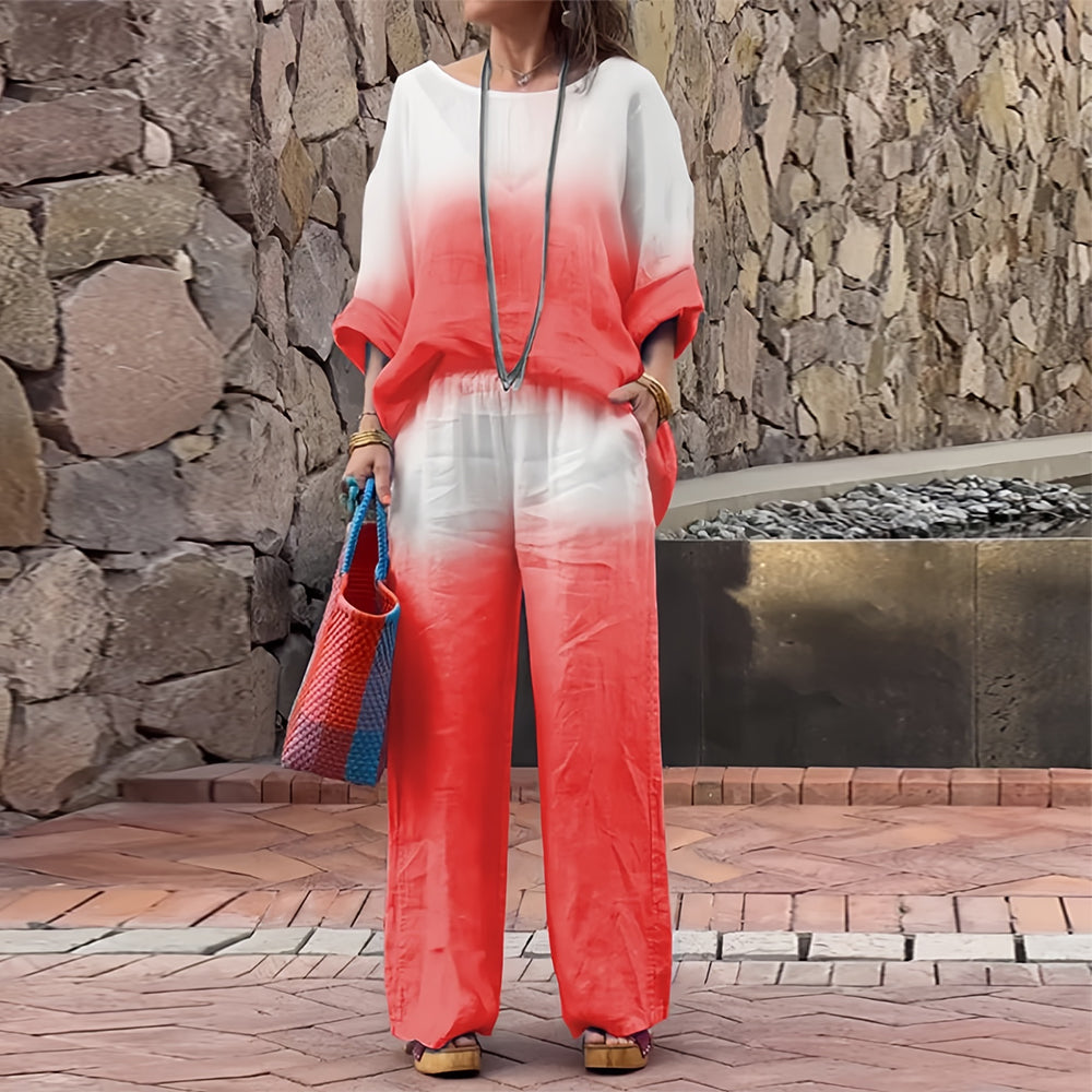 GR | Cotton and linen t-shirt and trousers with gradient color and round neck for women
