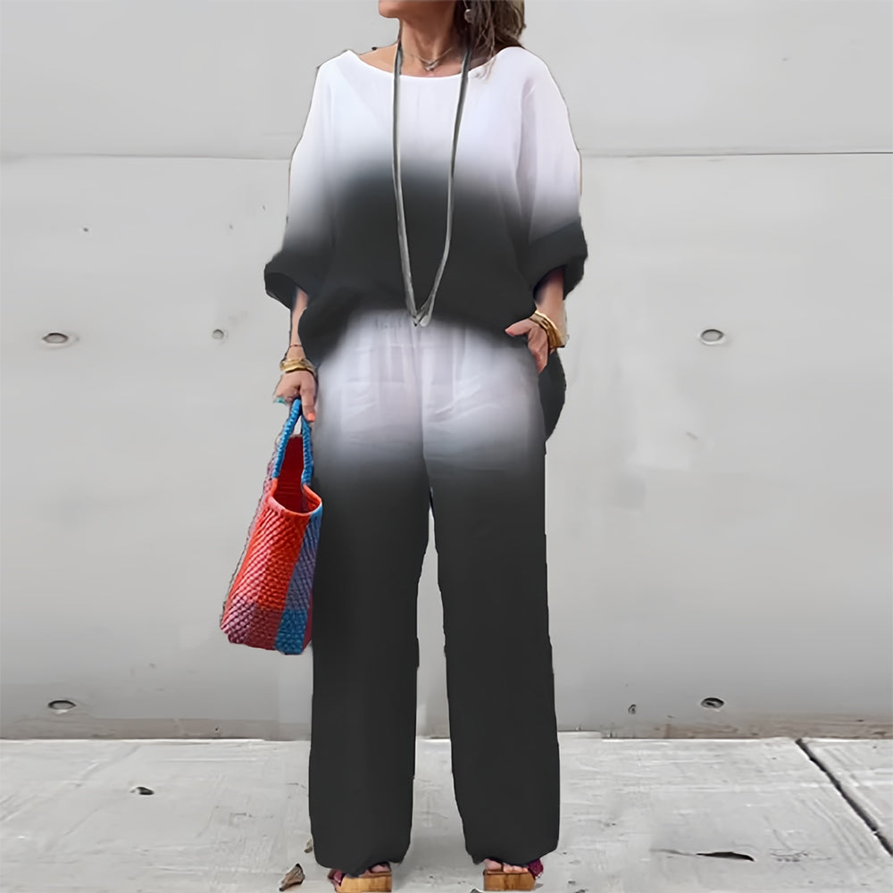 GR | Cotton and linen t-shirt and trousers with gradient color and round neck for women