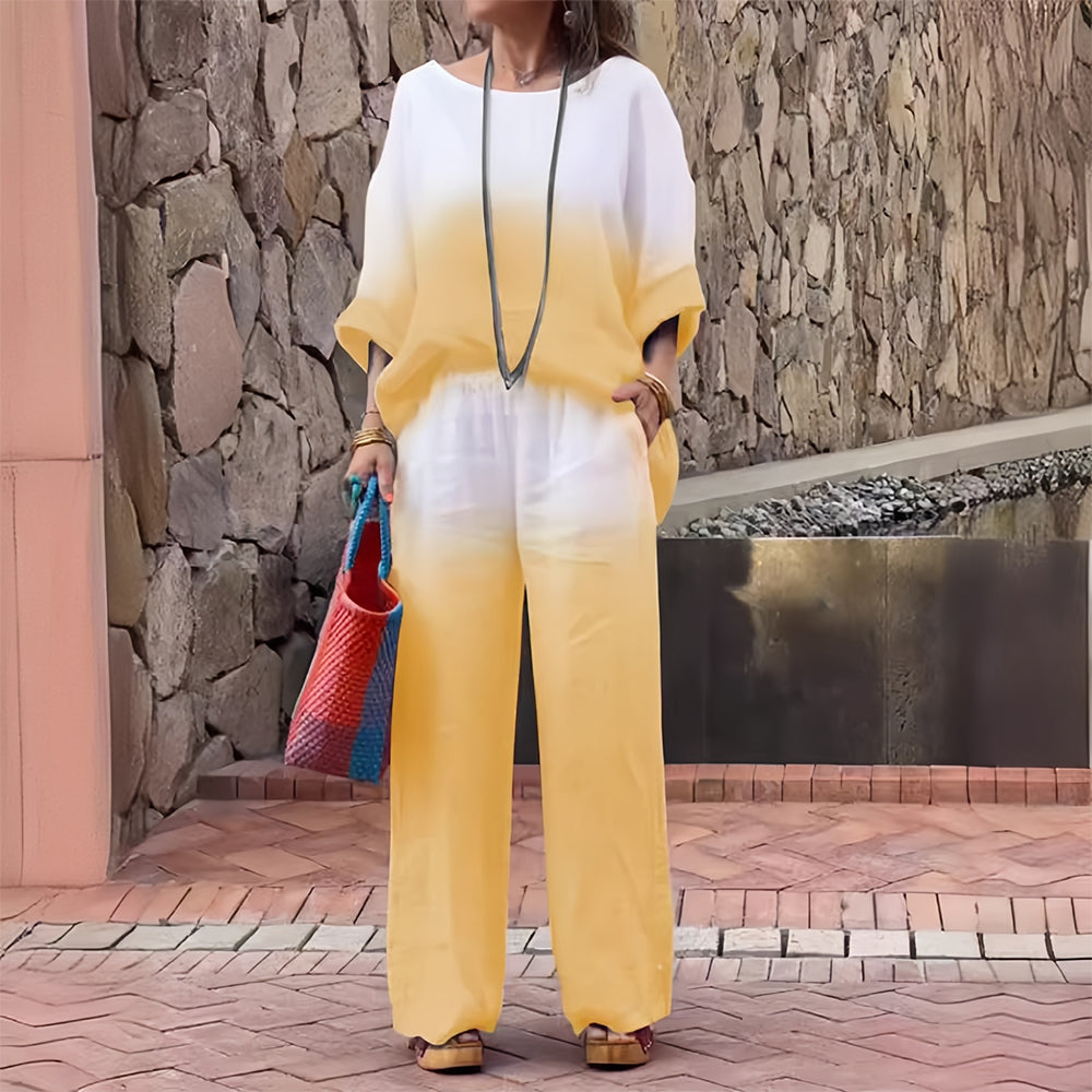 GR | Cotton and linen t-shirt and trousers with gradient color and round neck for women