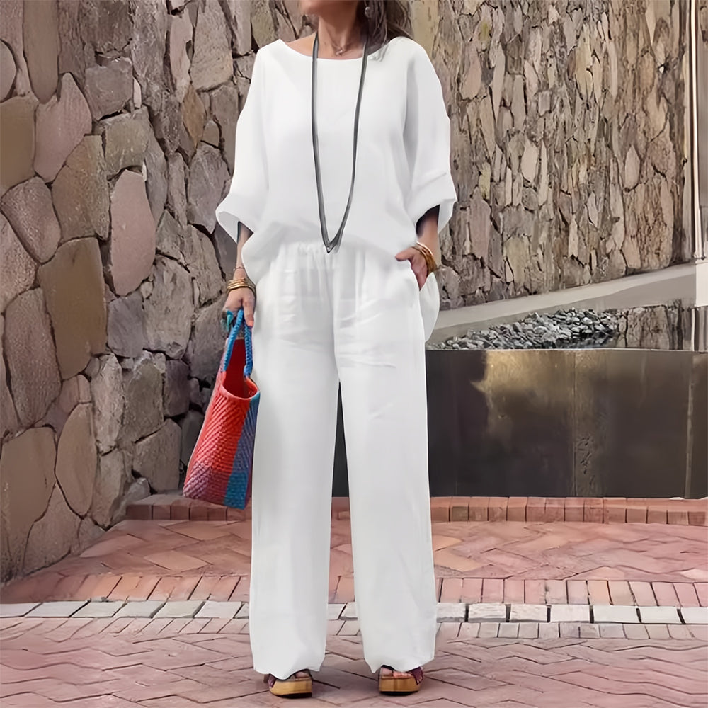 GR | Cotton and linen t-shirt and trousers with gradient color and round neck for women