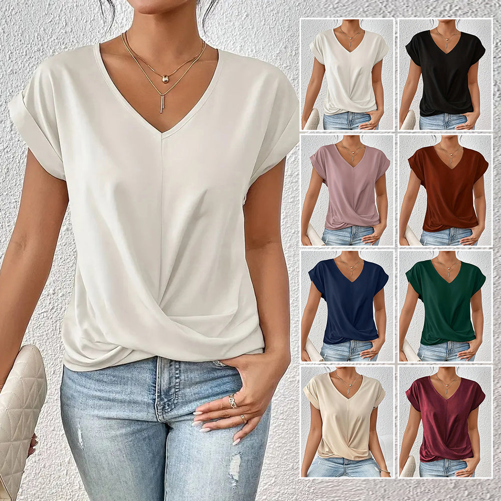 GR | Elegant, solid-color T-shirt with a V-neck and twisted hem for women