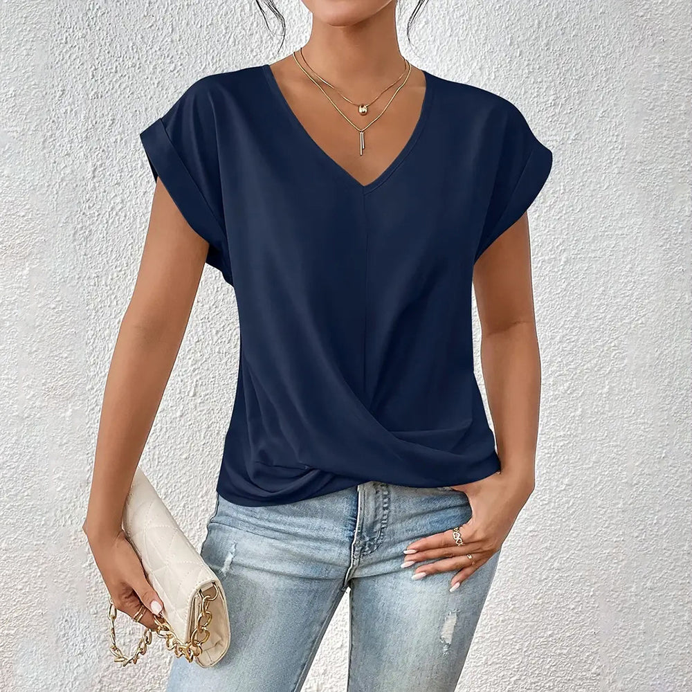 GR | Elegant, solid-color T-shirt with a V-neck and twisted hem for women