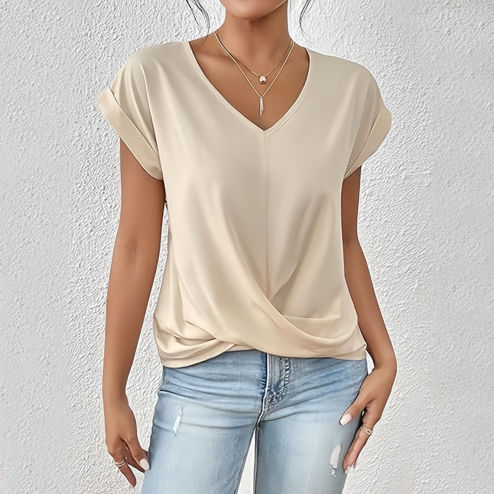 GR | Elegant, solid-color T-shirt with a V-neck and twisted hem for women