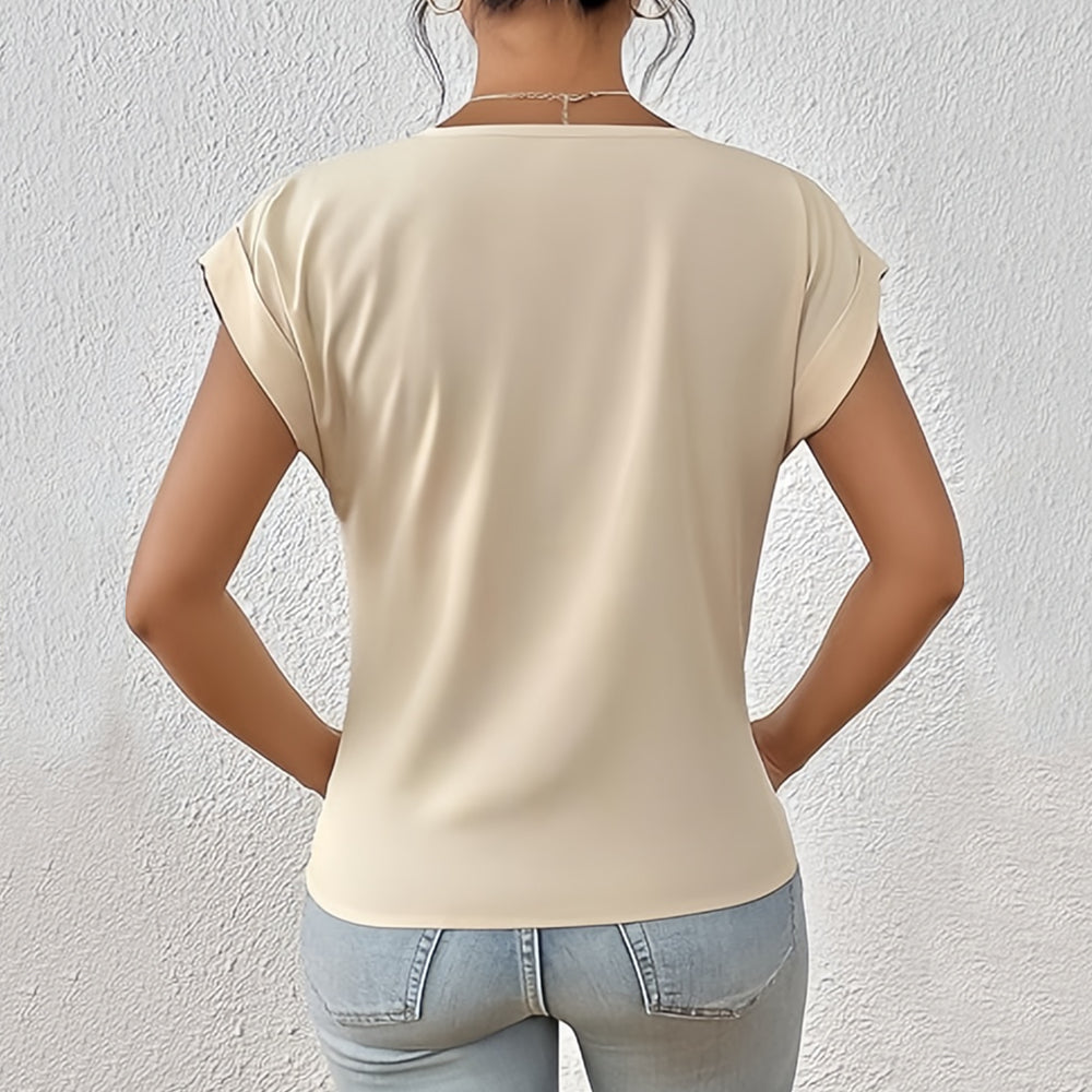 GR | Elegant, solid-color T-shirt with a V-neck and twisted hem for women