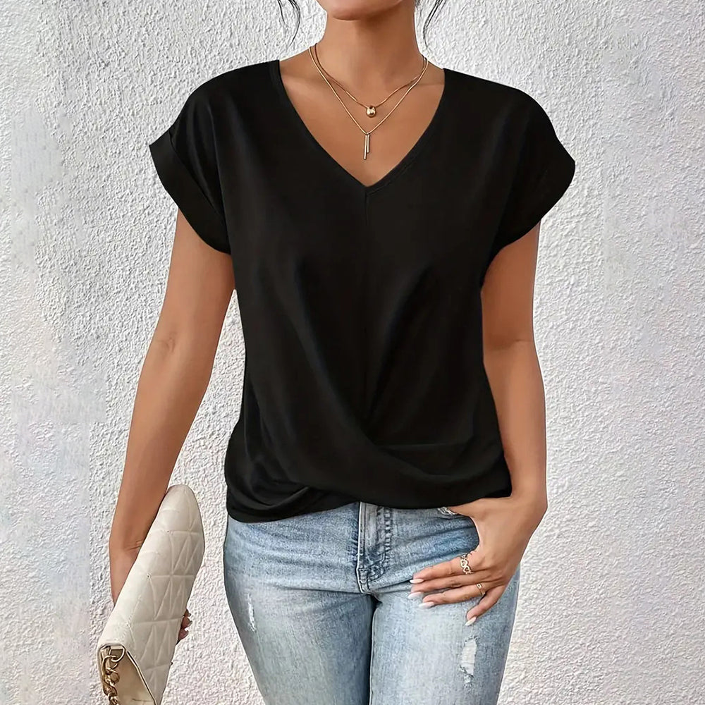 GR | Elegant, solid-color T-shirt with a V-neck and twisted hem for women