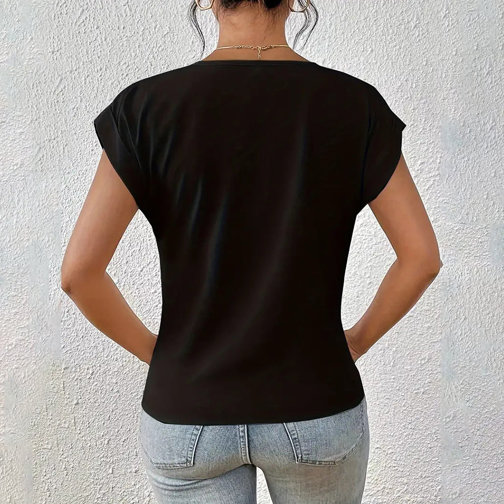 GR | Elegant, solid-color T-shirt with a V-neck and twisted hem for women