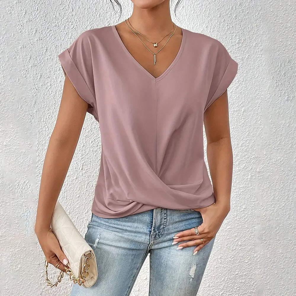 GR | Elegant, solid-color T-shirt with a V-neck and twisted hem for women